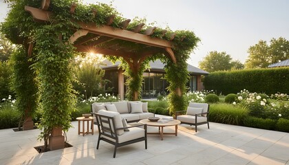 Fototapeta premium Modern wooden pergola with climbing ivy and seating area in a luxury backyard garden at sunset for an outdoor living concept with high-end furniture