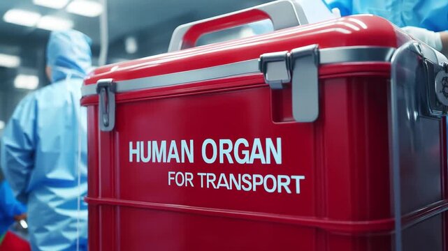 Transport box for human organs is seen in a medical facility while staff in protective gear manage the environment