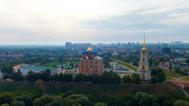 Ryazan, Russia. Ryazan Kremlin - The oldest part of the city of Ryazan. Cathedral of the Assumption of the Blessed Virgin Mary. Drone footage