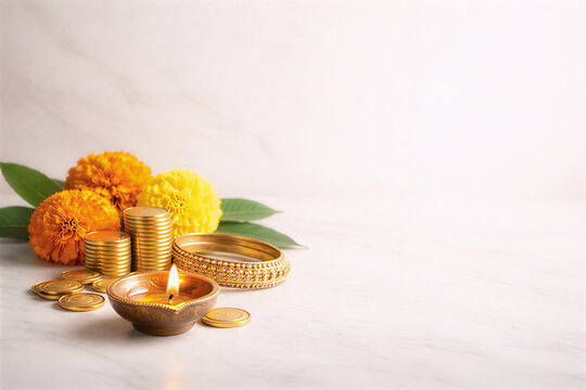 Akshay Tritiya festival gold jewelry and kalash with diya, marigold flowers on elegant background with copy space