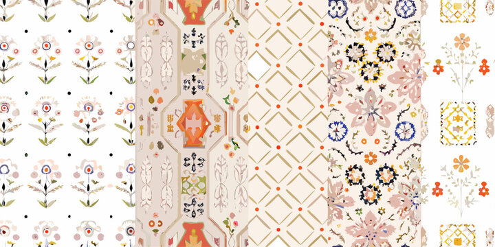 A collection of patterned fabric swatches featuring floral and geometric designs