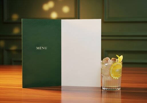 Dark green leather menu folder mockup standing on a polished wooden table next to a chilled cocktail with lemon and ice cubes in a sophisticated bar with bokeh background light.