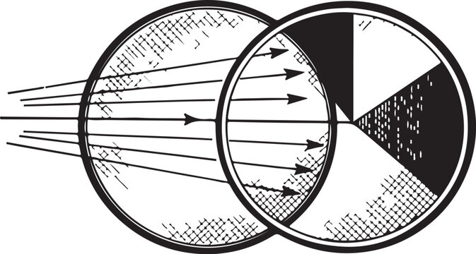Illustration of light rays passing through a lens and forming a pie chart pattern hand drawing illustration vector
