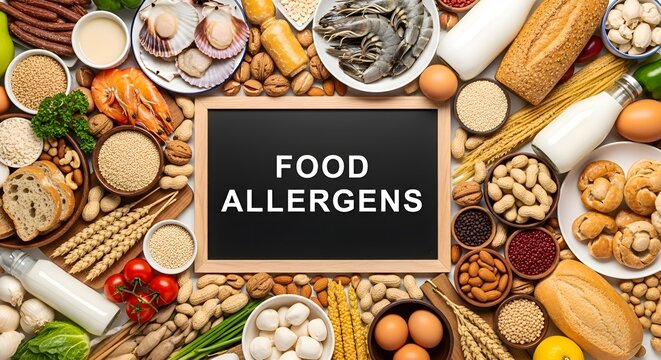 Overhead flat lay of various common food allergens arranged around a chalkboard displaying 'Food Allergens', highlighting dietary restrictions and food sensitivity awareness.