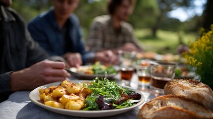 Obraz premium People gathered around a rustic outdoor table enjoying a nutritious and wholesome meal in a park setting