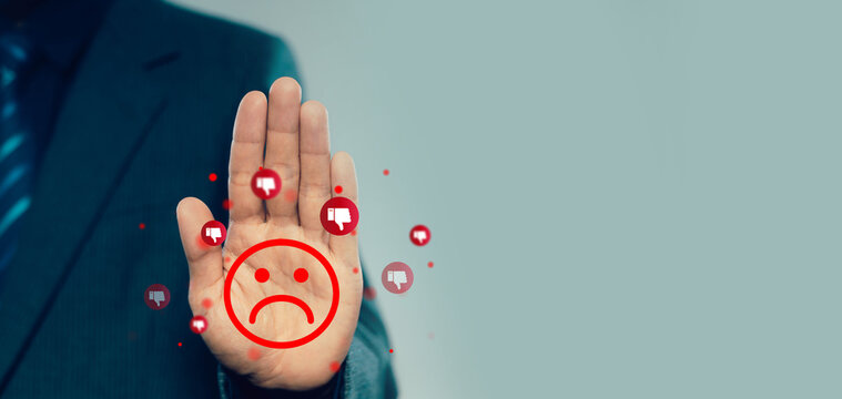 Customer negative feedback concept with businessman showing sad face and dislike icons, service dissatisfaction, poor experience, complaint management, and business reputation risk.