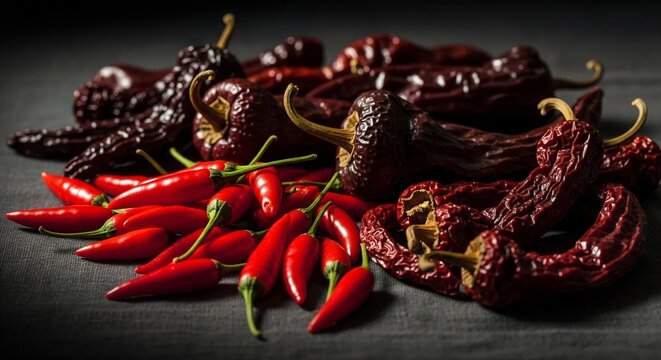 Assortment of Fresh and Dried Red Chili Peppers on Dark Background