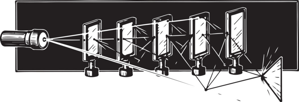 Optical system with sequential lenses and mirrors directing a beam towards a detector hand drawing illustration vector