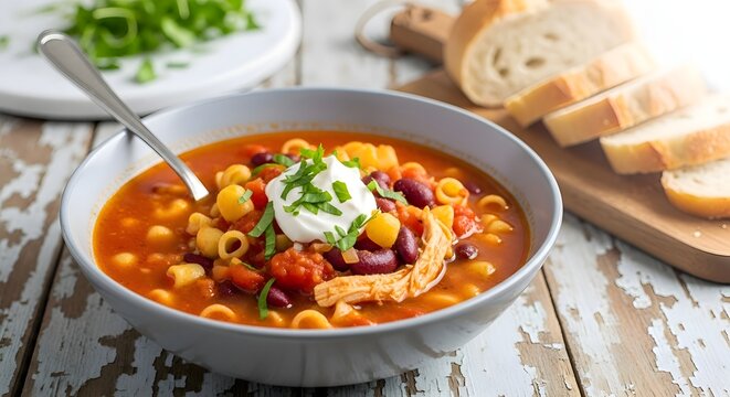 Hearty and flavorful chicken chili with beans, pasta, and a dollop of sour cream, served with crusty bread, creating a comforting and satisfying meal with rustic charm.