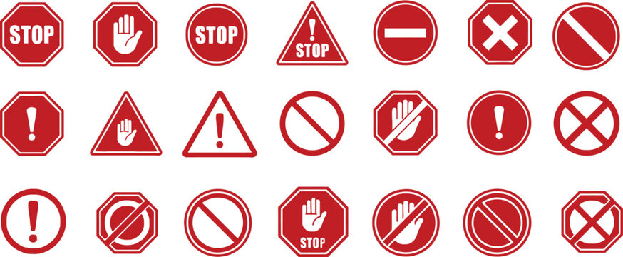 Red stop and warning sign collection for danger and prohibition alerts.