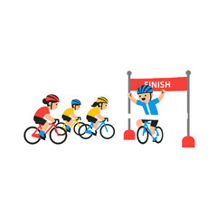 Fototapeta premium Children cycling race to finish line, happy winner crossing the banner, active lifestyle