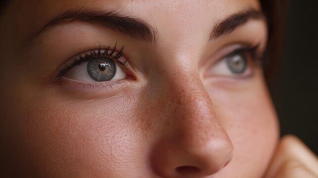 Close up portrait of a thoughtful woman with an intense gaze capturing deep contemplation in a dramatic studio setting