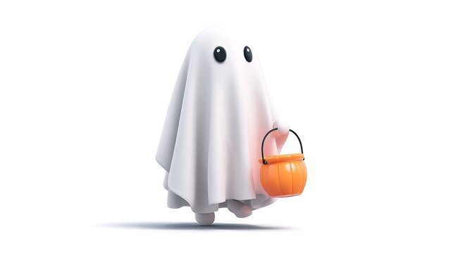 Classic white cartoon ghost with orange bucket, digital illustration style