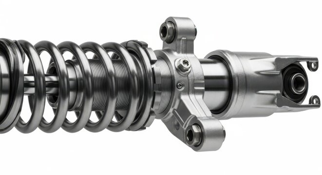 Close-up view of a vehicle coil-over shock absorber with adjustable components