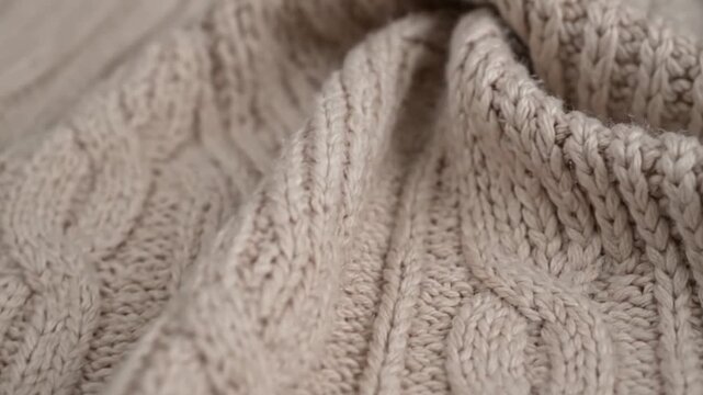 Close up of beige cable knit fabric with intricate textile patterns and soft texture