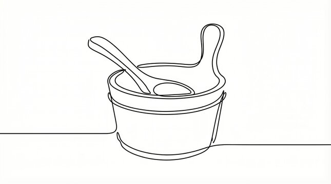 Continuous line art drawing of a wooden sauna bucket and ladle on white background for spa and wellness concept with simple minimalist style