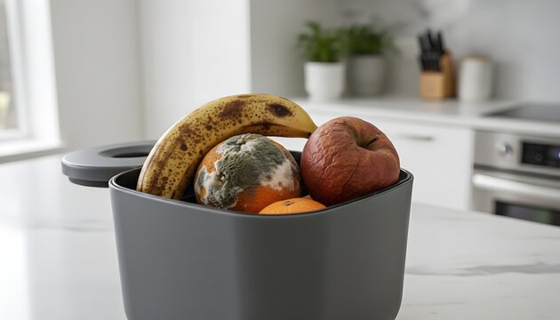 Close up of rotting fruit in a home kitchen bin on a marble countertop for food waste awareness concept, showcasing a moldy orange, brown banana, and wrinkled red apple