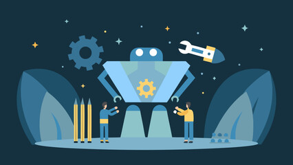 A robotic figure stands amidst a starry landscape being assembled by two people © Prosit