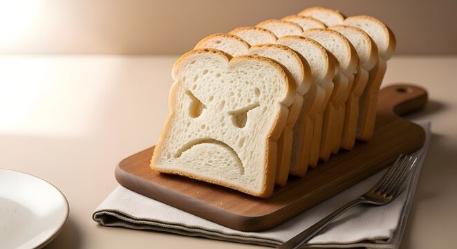 Playful concept of anthropomorphic bread slices arranged on a wooden board, with one slice displaying a comical frowning face, accompanied by a fork and plate.
