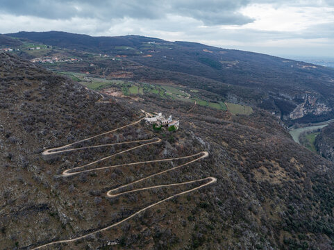 Aerial view of Forte Rivoli - Wohlgemuth and the winding switchback roads on the hillside of Rivoli Veronese, Veneto, Italy.
