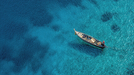 Fototapeta premium Aerial Top Down View of a Traditional Longtail Boat Floating on Crystal Clear Turquoise Tropical Ocean Water, Serene Summer Travel Destination Scene in Thailand with Bright Blue Sea and Coral Reef