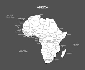 Fototapeta premium African countries geographical borders isolated on black background8. The continent of Africa. Vector clipart.