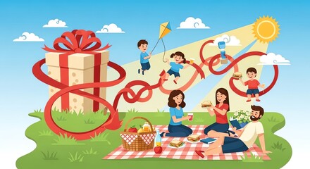 Fototapeta premium Family Picnic Fun with Gift and Kite Flying