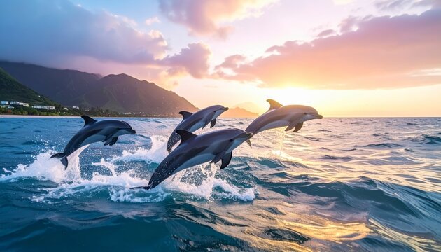 A pod of dolphins joyfully leaping in synchronized arcs above ocean waves at sunset