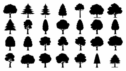 A collection of various tree silhouettes in black against a stark white background © Sujit