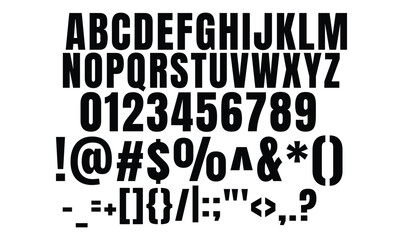 Obraz premium Bold Condensed Sans Serif Alphabet Numbers and Symbols Vector for Branding and Headline Design
