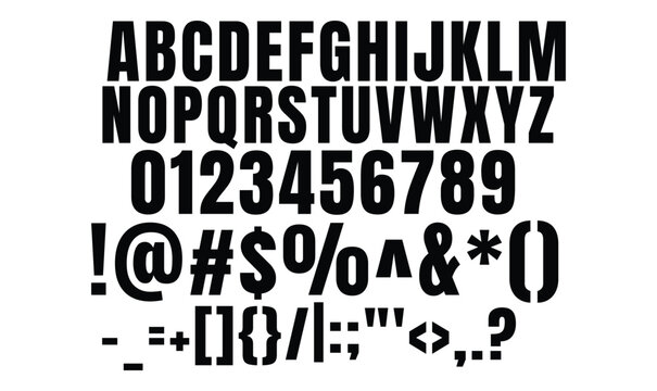 Bold Condensed Sans Serif Alphabet Numbers and Symbols Vector for Branding and Headline Design