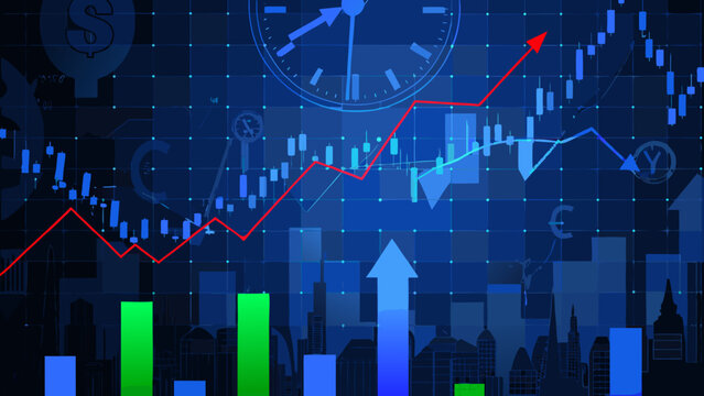 Financial growth and market trends are visualized with charts currency and cityscapes