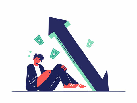A person sits dejectedly as a large arrow points upwards surrounded by falling money