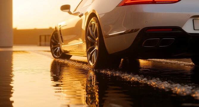 Luxury white sports car parked on wet asphalt at sunset. Rear low angle view with golden hour light reflecting on water. High-end automotive lifestyle concept for premium marketing.