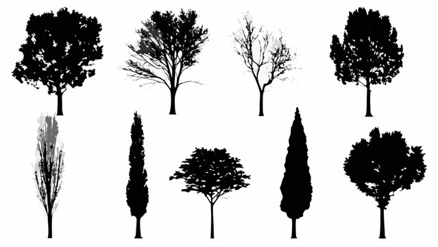 Silhouettes of various trees and shrubbery against a stark white background