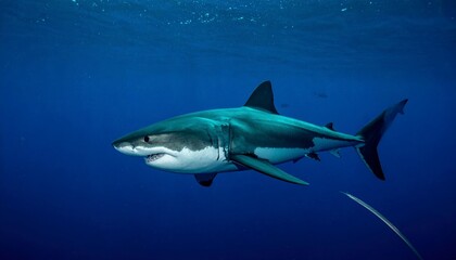 Fototapeta premium Fierce Great White Shark Cruising Silently Through the Deep Blue Ocean Waters