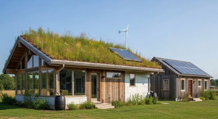 Obraz premium Modern eco-friendly house with green roof and wooden accents