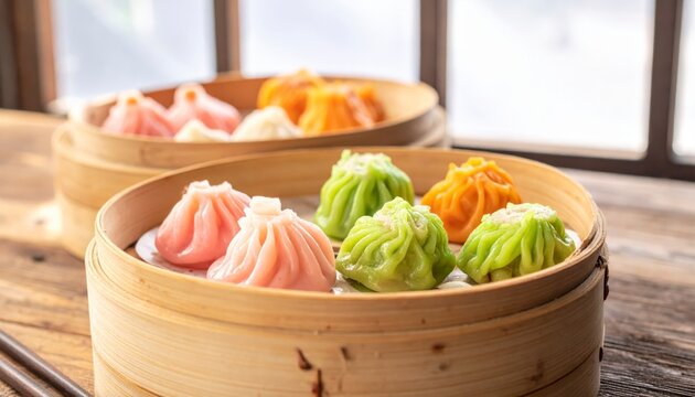 Colorful Har Gow Shrimp Dumplings Steaming in Bamboo Baskets at a Chinese Restaurant