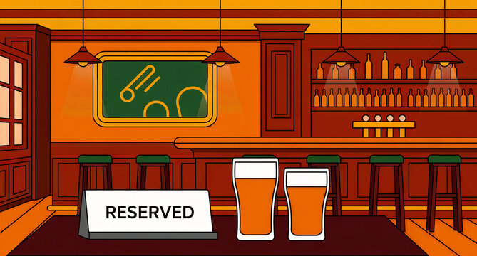 Two beer glasses and a reserved sign on a bar table. Empty pub interior with counter stools and shelves of bottles. Booking and hospitality concept for restaurant marketing.