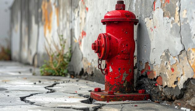 Red fire hydrant against a weathered wall with cracked pavement creating a sense of urban decay and interesting textures.