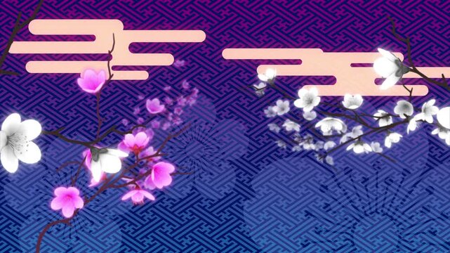 梅や桜の木が流れる和風背景、4K画質のループ素材