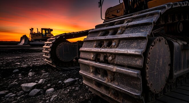 Close-up Detailed Tracks of Heavy Equipment Bulldozer at Construction Site