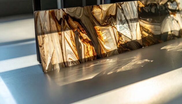 Close-up of layered mica sheets, a translucent potassium aluminum silicate mineral, with warm sunlight highlighting its intricate natural patterns and textures.