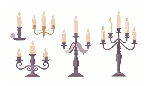 Vintage candles in candlesticks and candelabras elegant classic decor flat vector illustration set isolated on white background