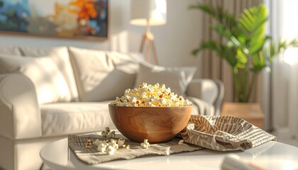 Fototapeta premium Relaxing evening at home with popcorn and a comfortable living room setting for enjoying leisure time.