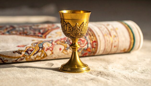 Golden Chalice with Intricate Design on Textured Surface Decorative Roll in Background Warm Sunlight High Key Image.