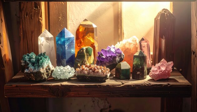 Diverse collection of naturally formed mineral crystals and gemstones displayed on a wooden shelf with warm lighting