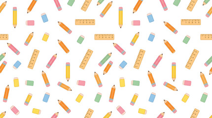 Obraz premium Colorful School Stationery Seamless Pattern. Pencils, Rulers, Erasers on White. Education & Learning Design Background.