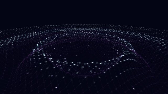 vast macro-visualization of the spacetime fabric warping into gravity wells, rendered as an endless mathematical animation and perfectly seamless loop. Ideal for VJ loops, scientific documentaries, UI