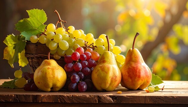 Fresh Fruit Still Life with Grapes and Pears on a Wooden Table Sunny Outdoor Setting.